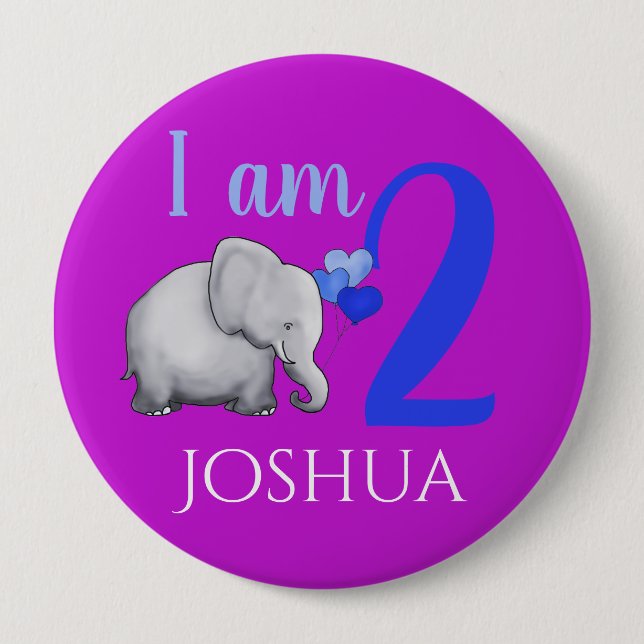 Purple Elephant Custom Name & Age 2nd Birthday Button (Front)