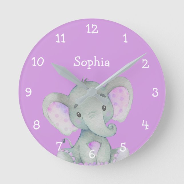 Purple Elephant Cute Baby Girl Name Personalized Round Clock (Front)