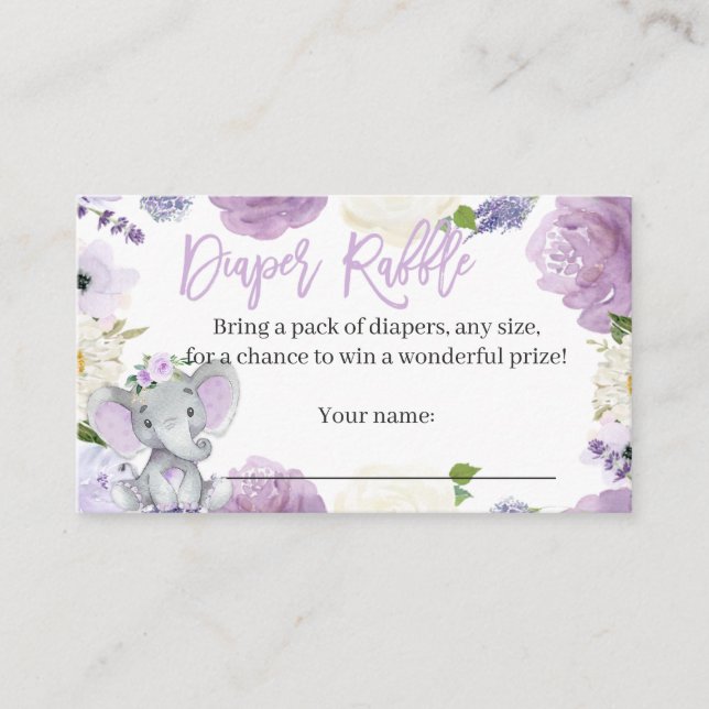 Purple Elephant Diaper Raffle Card for a Girl (Front)