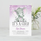 Purple Elephant Girl Baby Shower Invitation (Standing Front)