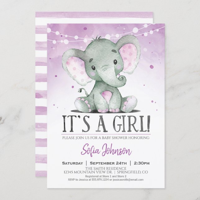 Purple Elephant Girl Baby Shower Invitation (Front/Back)