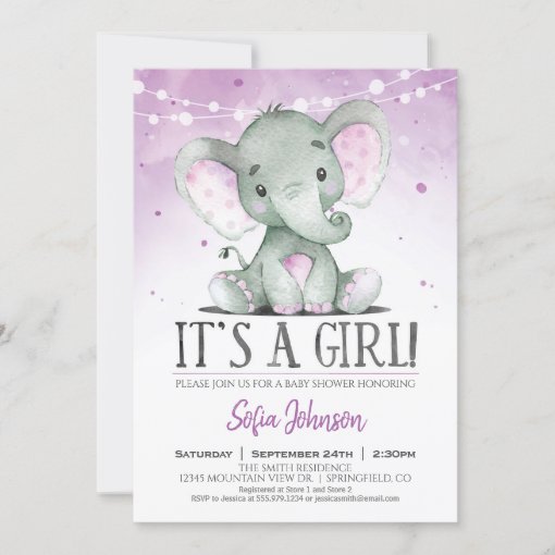 Purple Elephant Girl Baby Shower Invitation | Zazzle