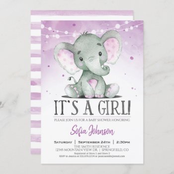 Purple Elephant Girl Baby Shower Invitation by Card_Stop at Zazzle