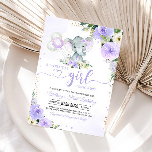 Purple Elephant Girl Baby Shower Invitation