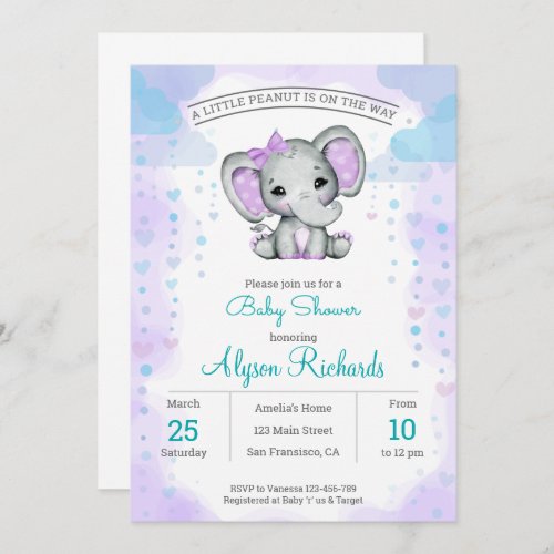 Purple  elephant girl Baby Shower  Invitation