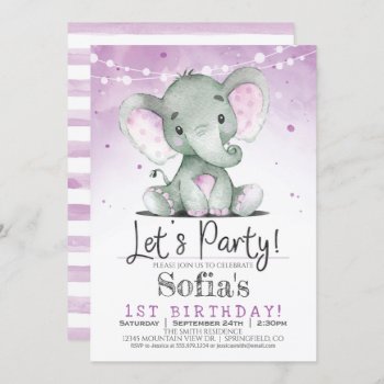 Purple Elephant Girl Birthday Party Invitation by Card_Stop at Zazzle