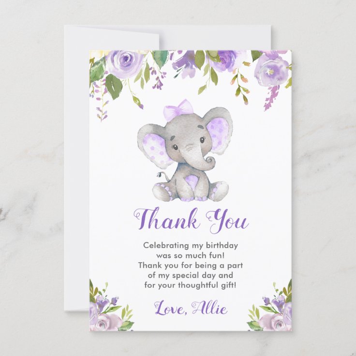 Purple Elephant Girl Birthday Party Little Peanut Thank You Card | Zazzle