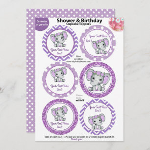 Purple Elephant Girl Cupcake Toppers, Baby Shower Invitation