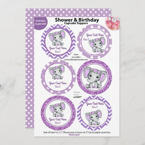 Purple Elephant Girl Cupcake Toppers Baby Shower Invitation