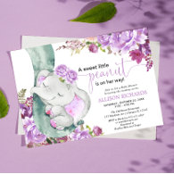 Purple elephant girl floral baby shower invitation