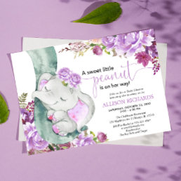 Purple elephant girl floral baby shower invitation