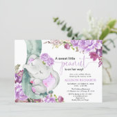 Purple elephant girl floral baby shower invitation (Standing Front)