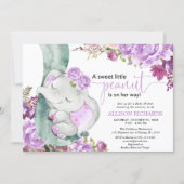 Purple elephant girl floral baby shower invitation (Front)