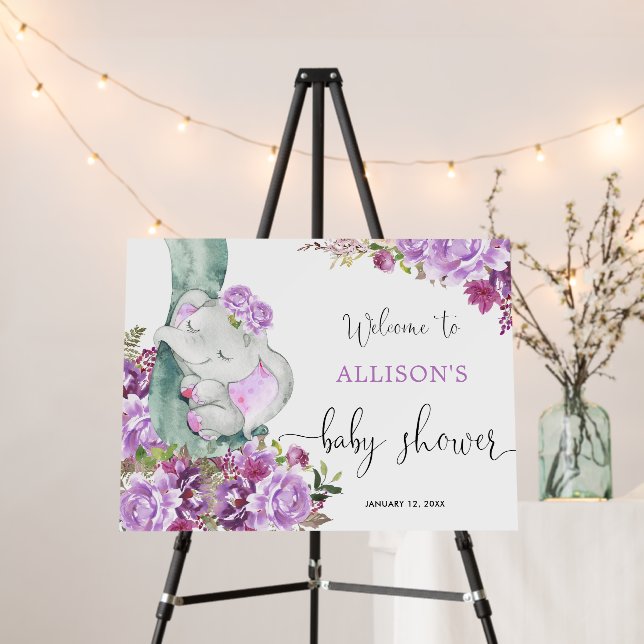 Purple elephant girl floral baby shower welcome foam board (In Situ (Stand))