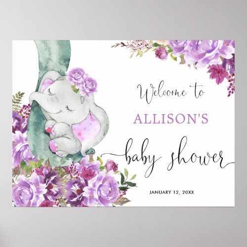 Purple elephant girl floral baby shower welcome poster