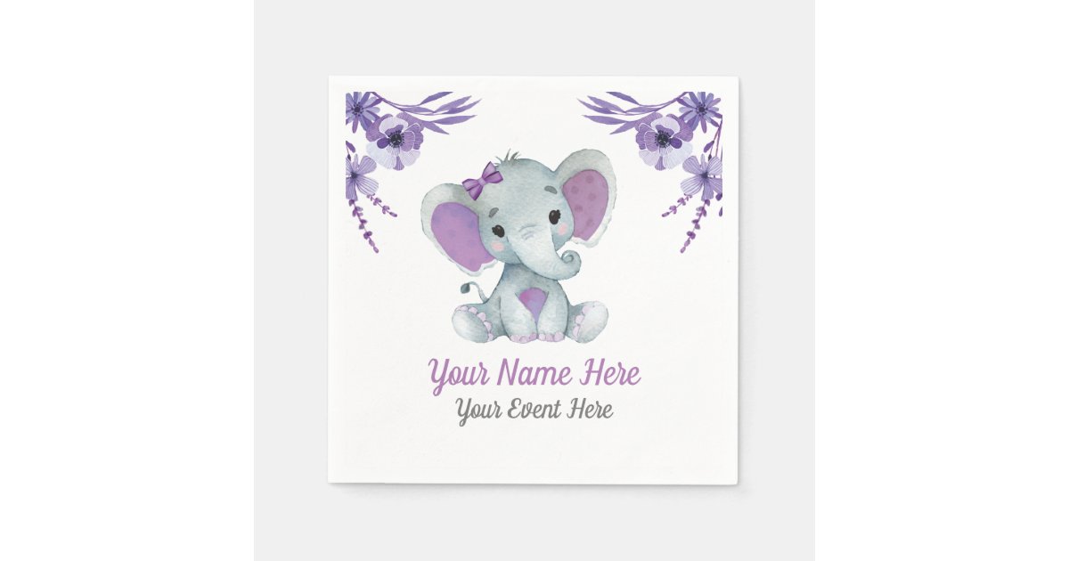 Purple Elephant Girl Napkins Baby Shower Birthday | Zazzle