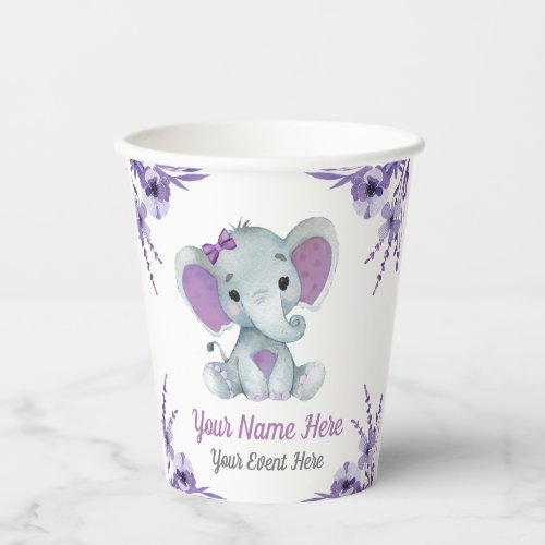 Purple Elephant Girl Paper Cups Shower Birthday