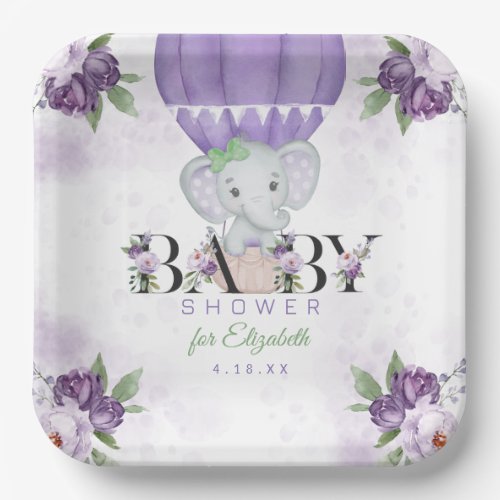 Purple Elephant Hot Air Balloon Baby Shower Paper Plates