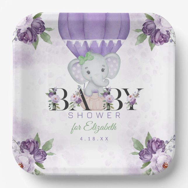 Purple Elephant Hot Air Balloon Baby Shower Paper Plates (Front)