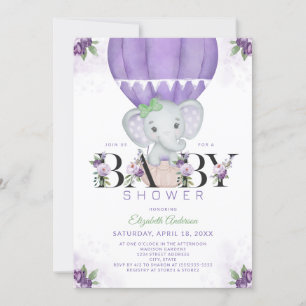Purple Elephant Hot Air Balloon Floral Baby Shower Invitation