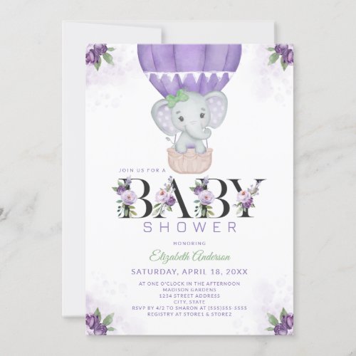 Purple Elephant Hot Air Balloon Floral Baby Shower Invitation