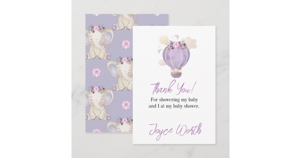 Purple elephant hot air balloon thank you card | Zazzle