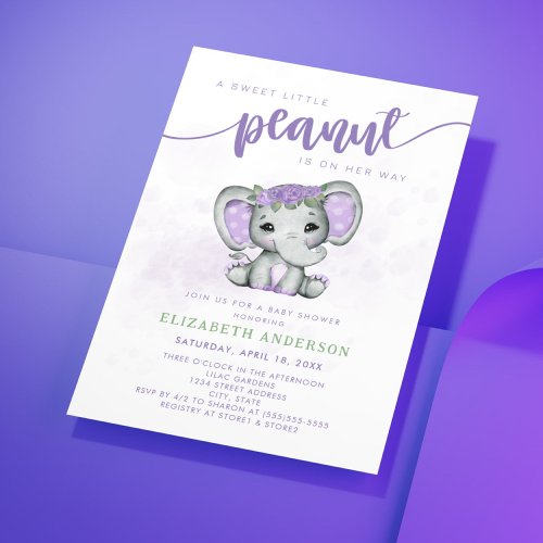 Purple Elephant Little Peanut Girl Baby Shower Invitation