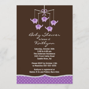 Purple Elephant Mobile Baby Shower Invitation