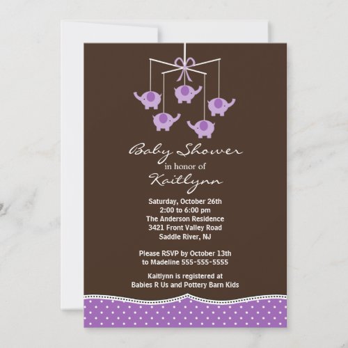 Purple Elephant Mobile Baby Shower Invitation