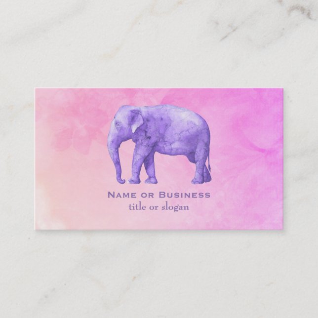 Purple Elephant on Dreamy Pink Watercolors Business Card (Front)