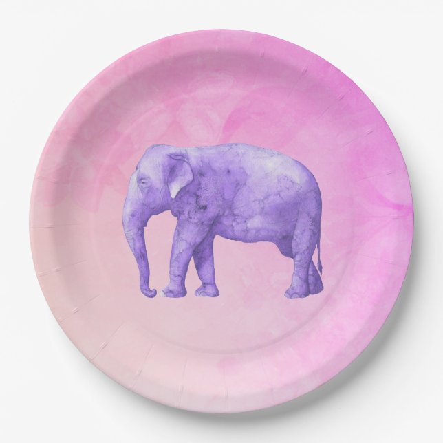 Purple Elephant on Dreamy Pink Watercolors Paper Plates (Front)