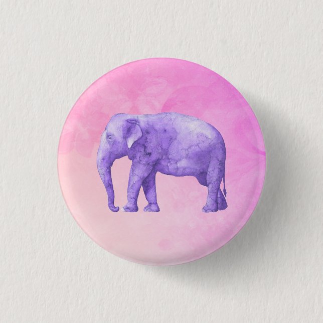 Purple Elephant on Dreamy Pink Watercolors Pinback Button (Front)