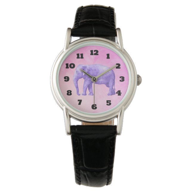 Purple Elephant on Dreamy Pink Watercolors Watch (Front)