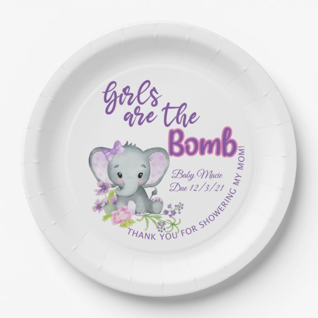 Purple elephant personalized baby shower plates (Front)
