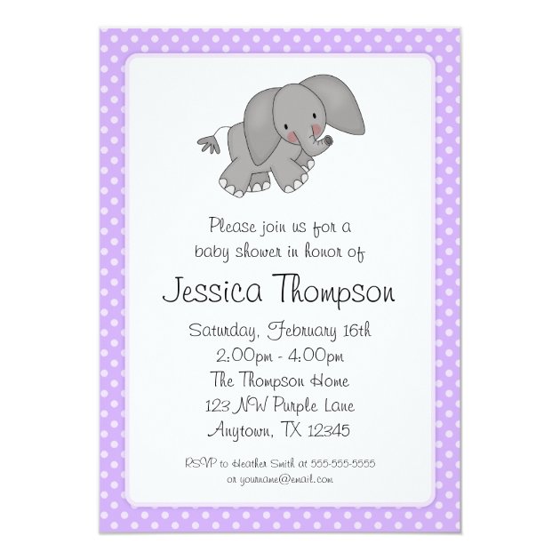 Purple Elephant Polka Dots Baby Shower Invitation