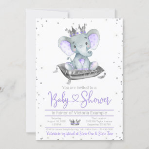 Purple Elephant Princess Baby Shower Invitation