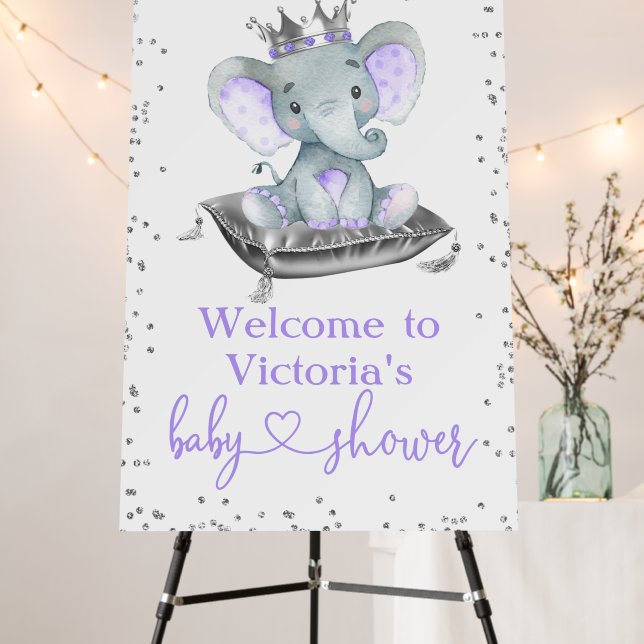 Purple Elephant Princess Baby Shower Welcome Sign (In Situ (Stand))