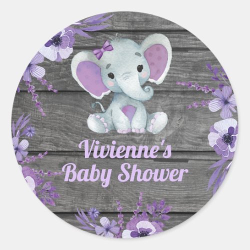 Purple Elephant Rustic Plate for Shower Birthday Classic Round Sticker