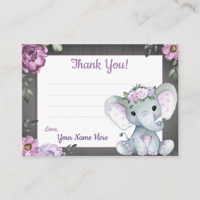 Purple Elephant Rustic Thank You Card (Front)