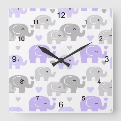 Purple Elephant Safari Jungle Animals Baby Nursery Square Wall Clock