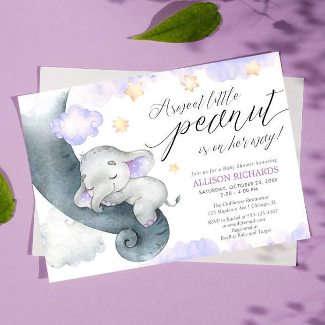 Purple Elephant sweet little peanut baby shower Invitation (Creator Uploaded)