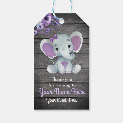 Purple Elephant Thank You Tag Rustic Flowers