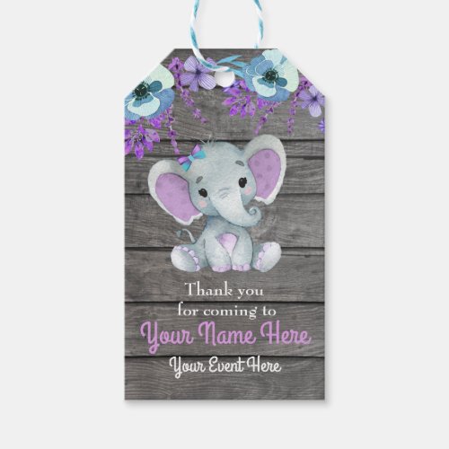 Purple Elephant Thank You Tag Rustic Flowers