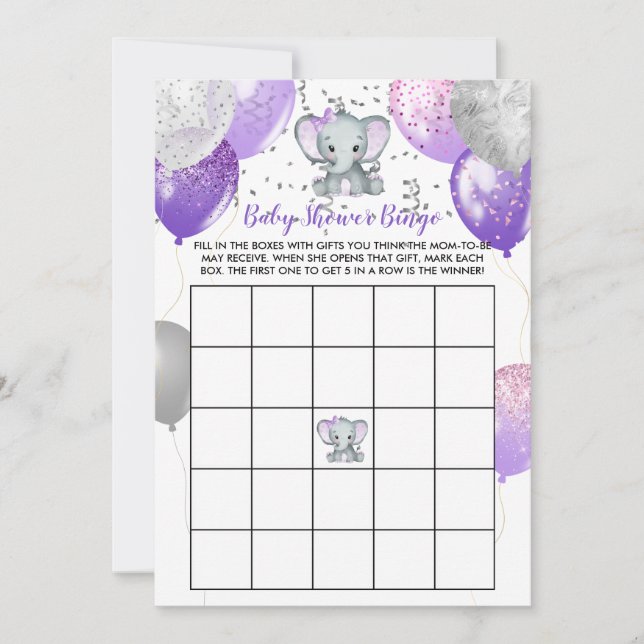 Purple Elephant Watercolor Baby Shower Bingo (Front)