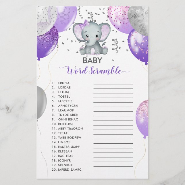 Purple Elephant Watercolor Baby Word Scramble (Front)