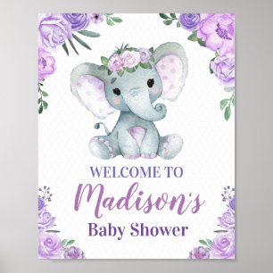 Purple Elephant Welcome Sign, Girl Roses Shower Poster