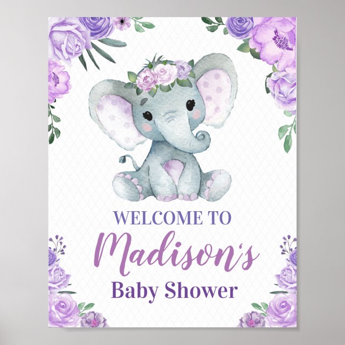 Purple Elephant Welcome Sign Girl Roses Shower Poster Zazzle Com