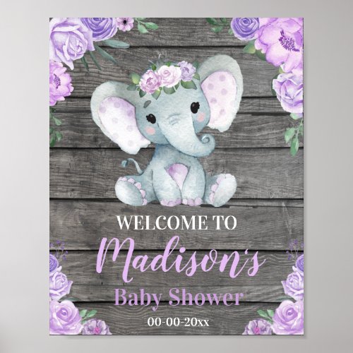 Purple Elephant Welcome Sign Girl Roses Shower Poster
