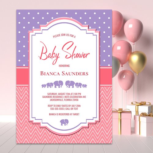 Purple Elephants and Polka Dot Baby Shower Invitation