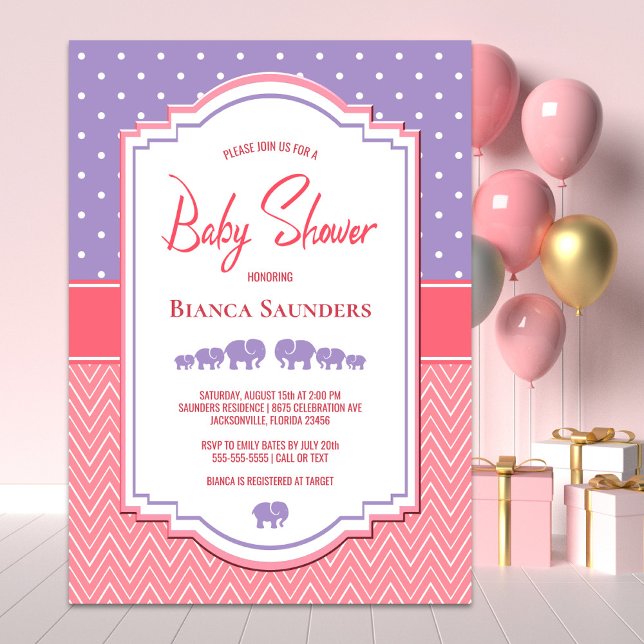 Purple Elephants and Polka Dot Baby Shower Invitation (Creator Uploaded)